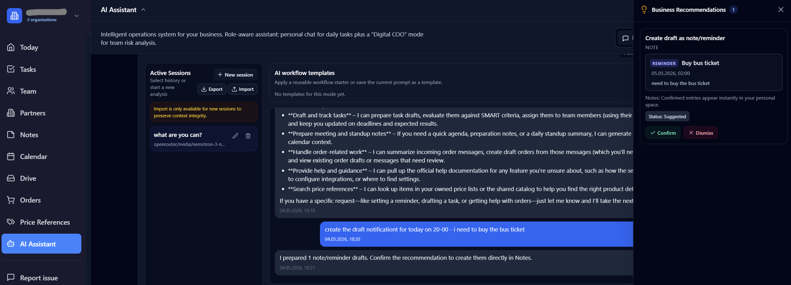 Drixavo AI assistant chat workspace with prompts and responses